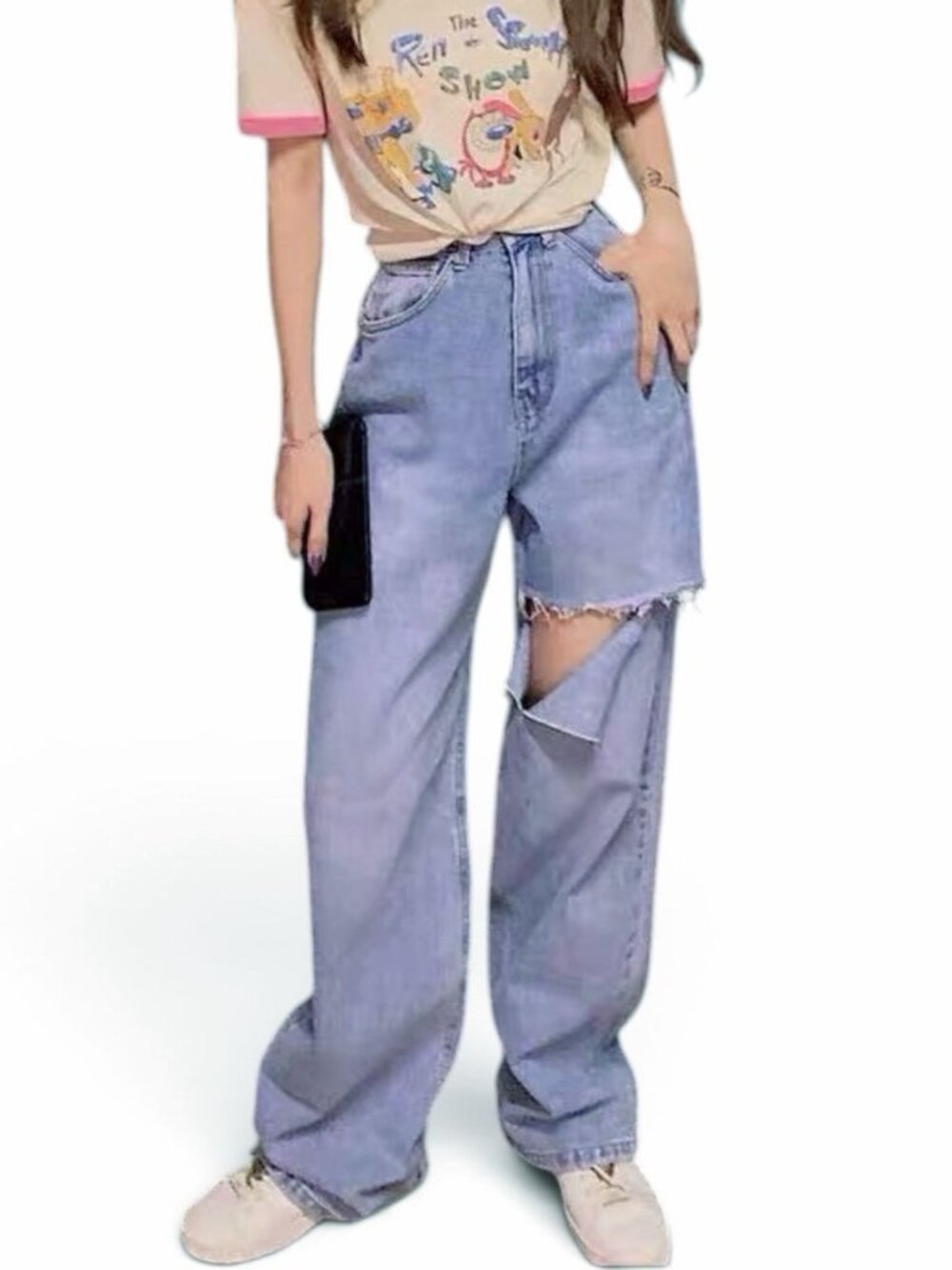 Y2K Light Wash Distressed High Rise Wide Leg Baggy Jeans Size S